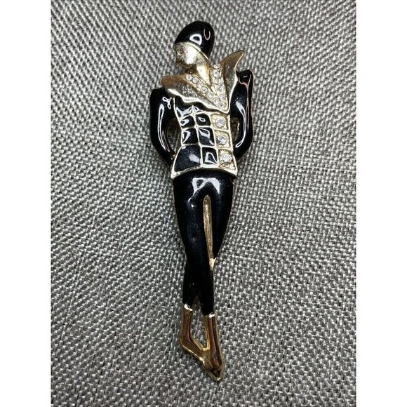 Unbranded Jewelry - Vintage Art Deco Woman Gold Black Enamel Crystal Brooch Pin